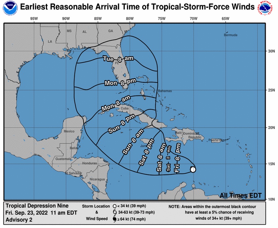 La Depresión Tropical Nueve podría llegar al sur de Florida el próximo miércoles. Actualización de las 11 a.m. del Centro Nacional de Huracanes. (NOAA/NHC)