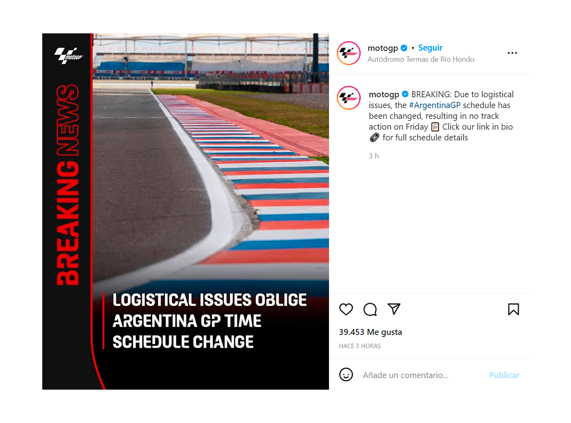 The MotoGP post with the announcement of the change in the schedule