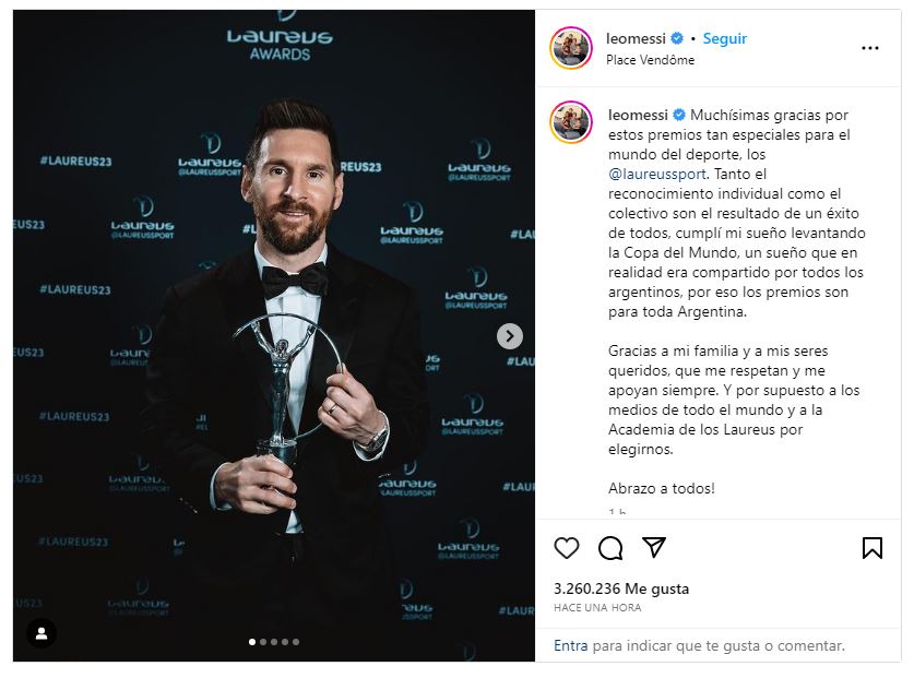 La publicación de Lionel Messi tras ganar los premios Laureus (Instagram)