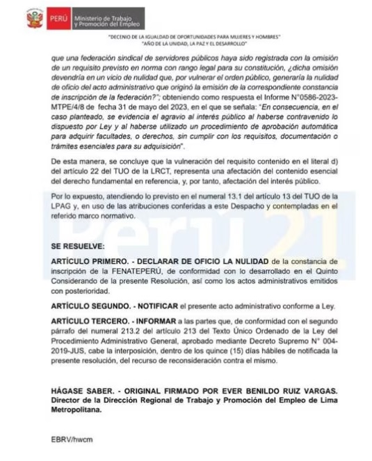 Resolución del Ministerio de Trabajo sobre la nulidad de la inscripción de la Fenatep.