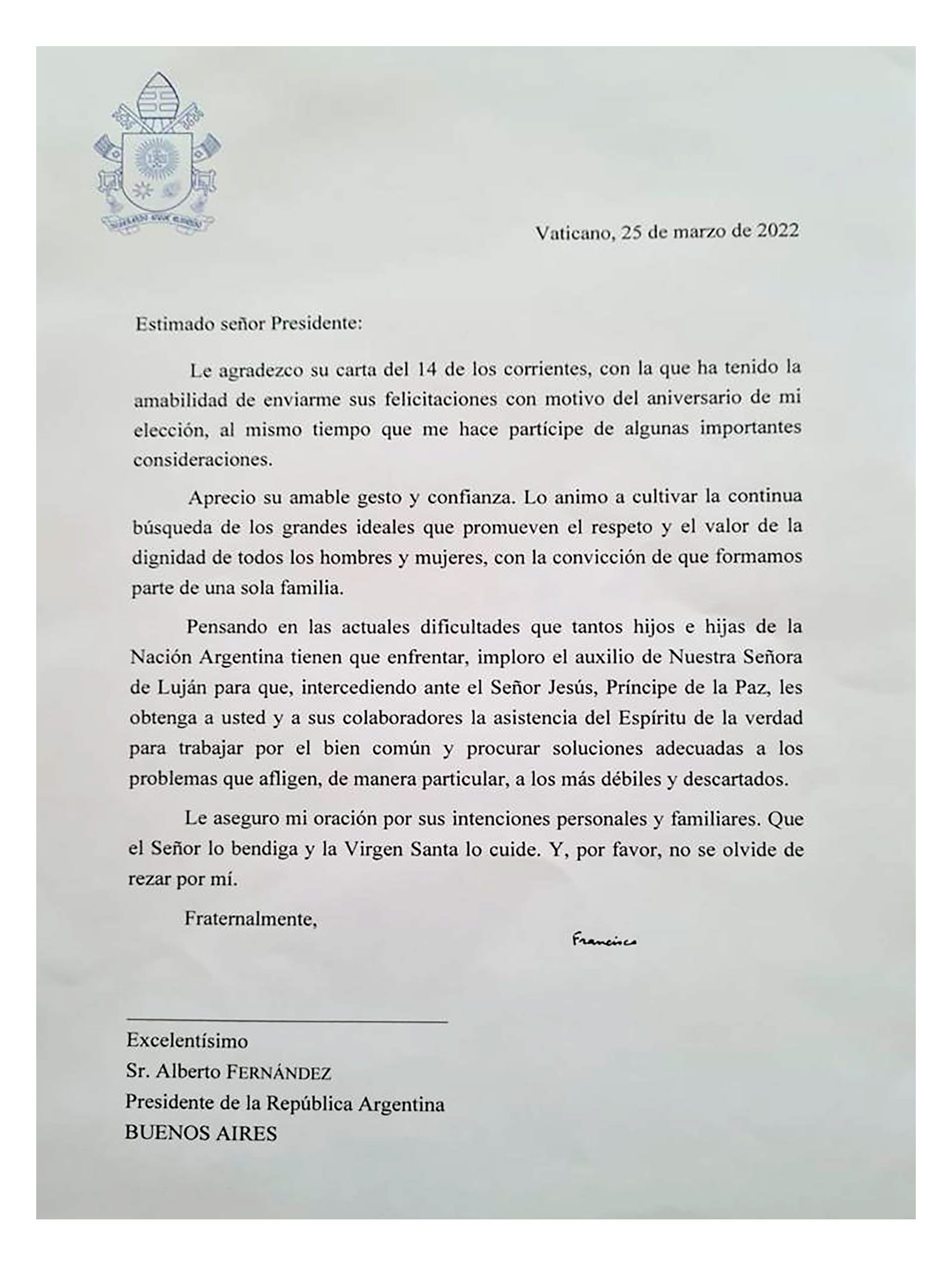 La carta que le envió el papa Francisco a Alberto Fernández