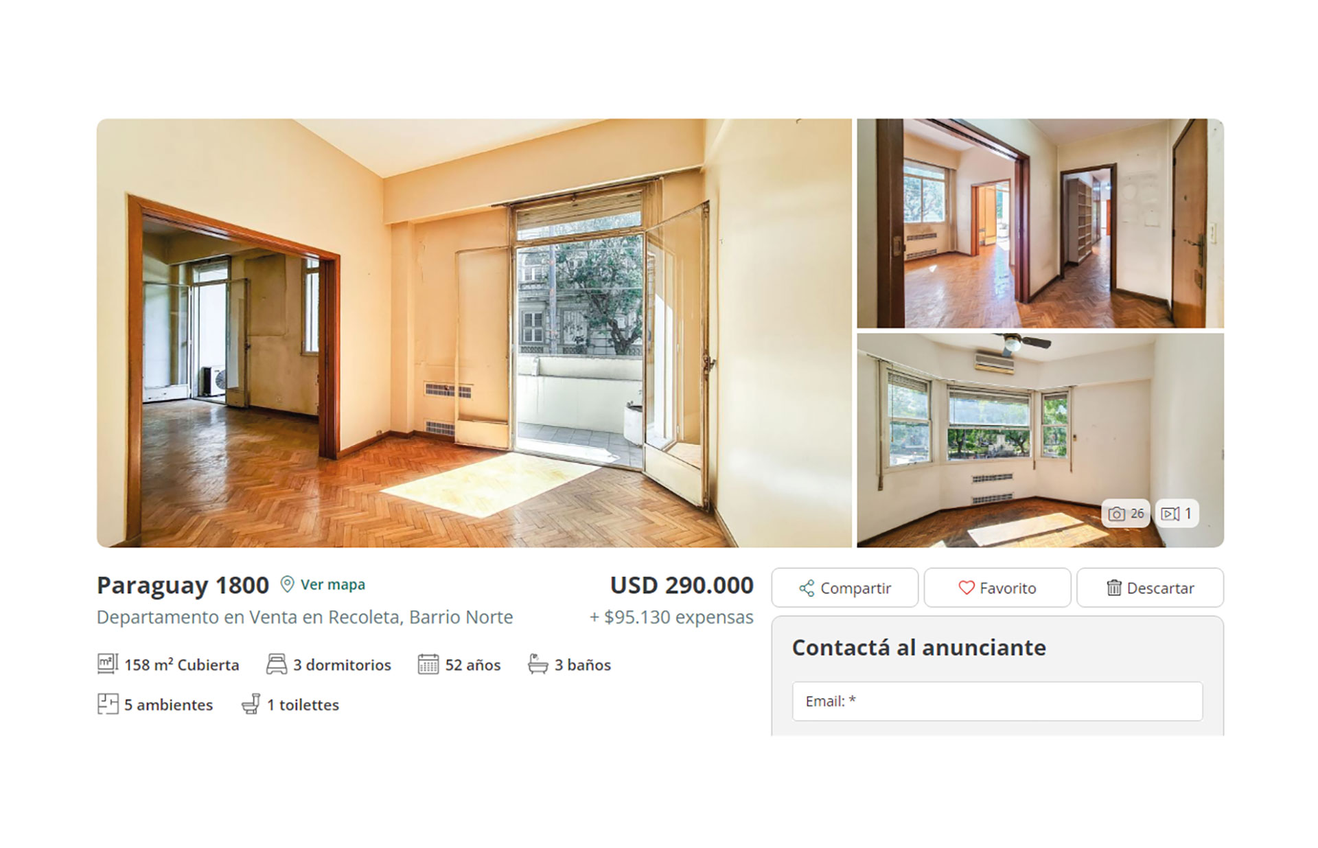El aviso en el que se publica la venta del departamento en el que vivi&oacute; Enrique Pinti (Foto: Argenprop)
