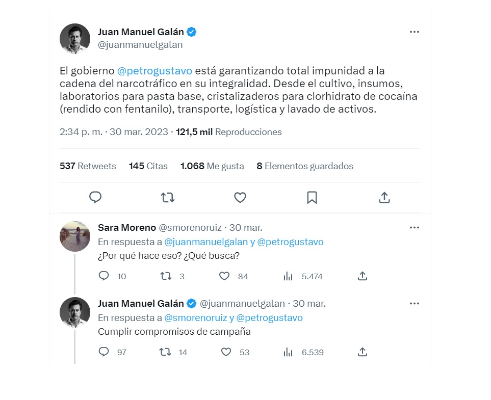 Juan Manuel Galán trinó señalando al Gobierno nacional de estar "garantizando la impunidad a la cadena del narcotráfico". Twitter.