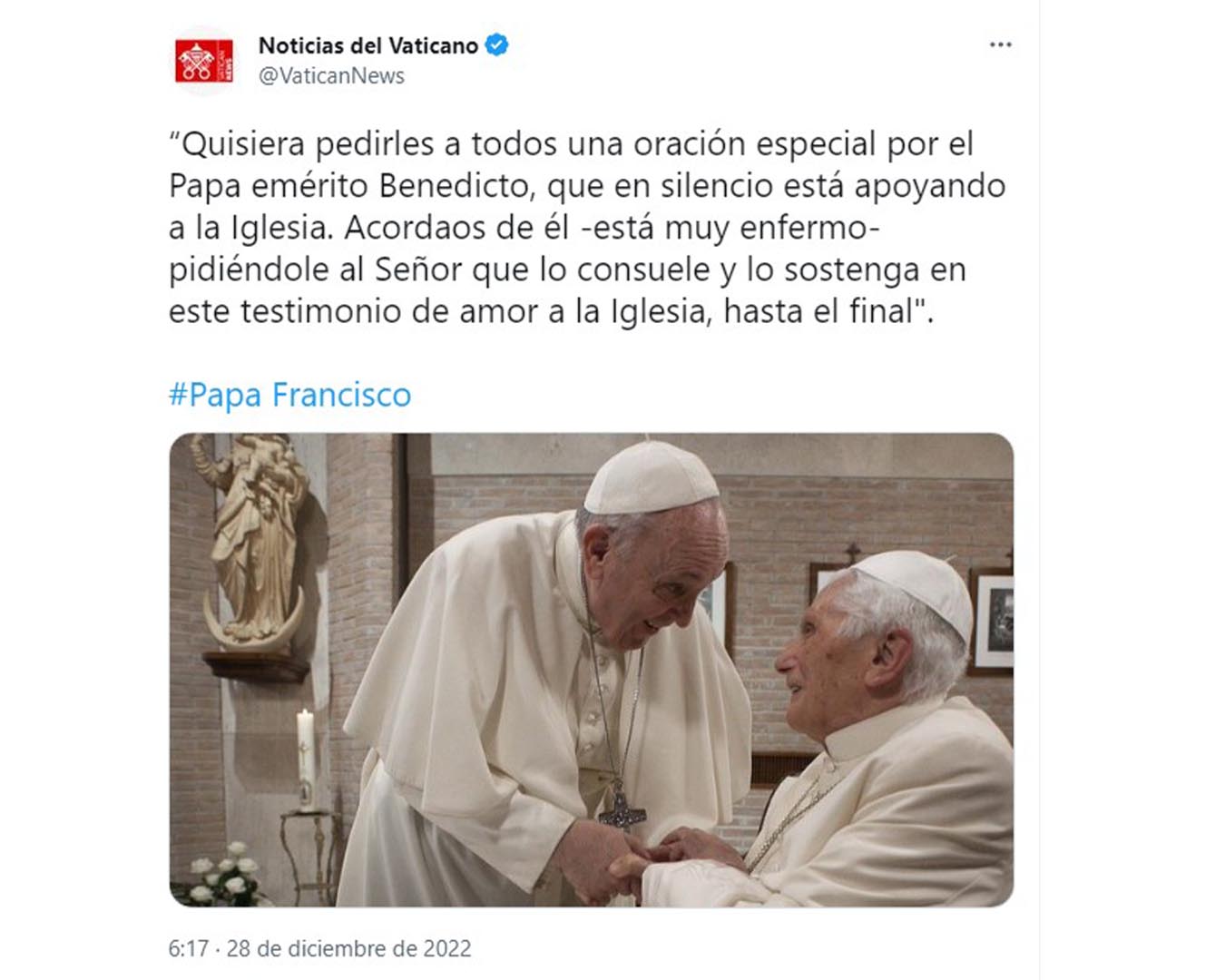 Messaggio di Papa Francesco sulla salute di Benedetto XVI 