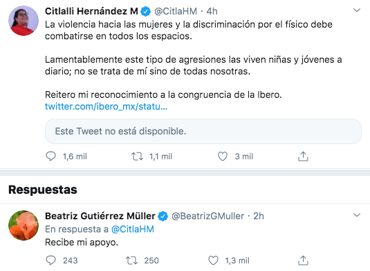 Gutiérrez Müller se solidarizó con la senadora Hernández respondiendo con un comentario el mensaje de la legisladora (Foto: Twitter)