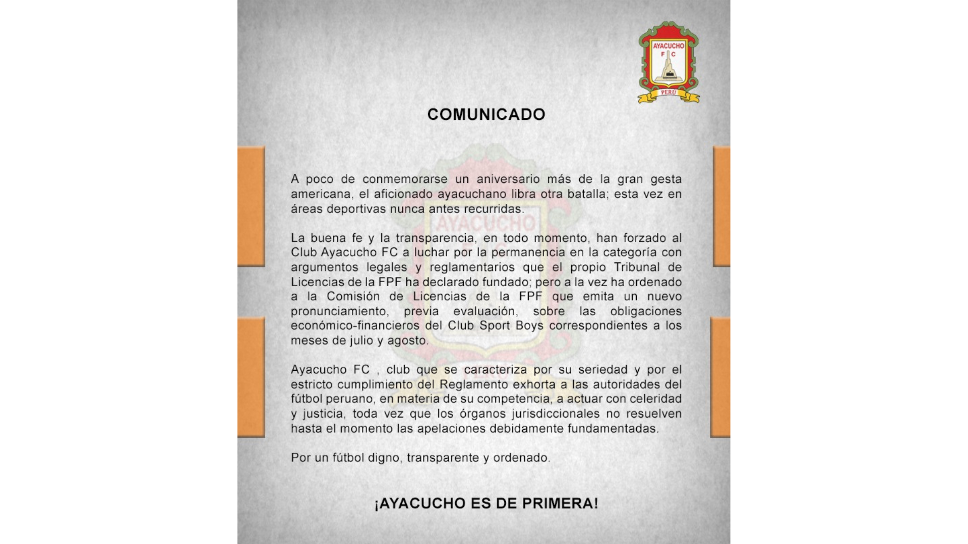 Ayacucho FC pidió “celeridad” y “justicia” por el caso de Sport Boys en  Liga 1 - Infobae