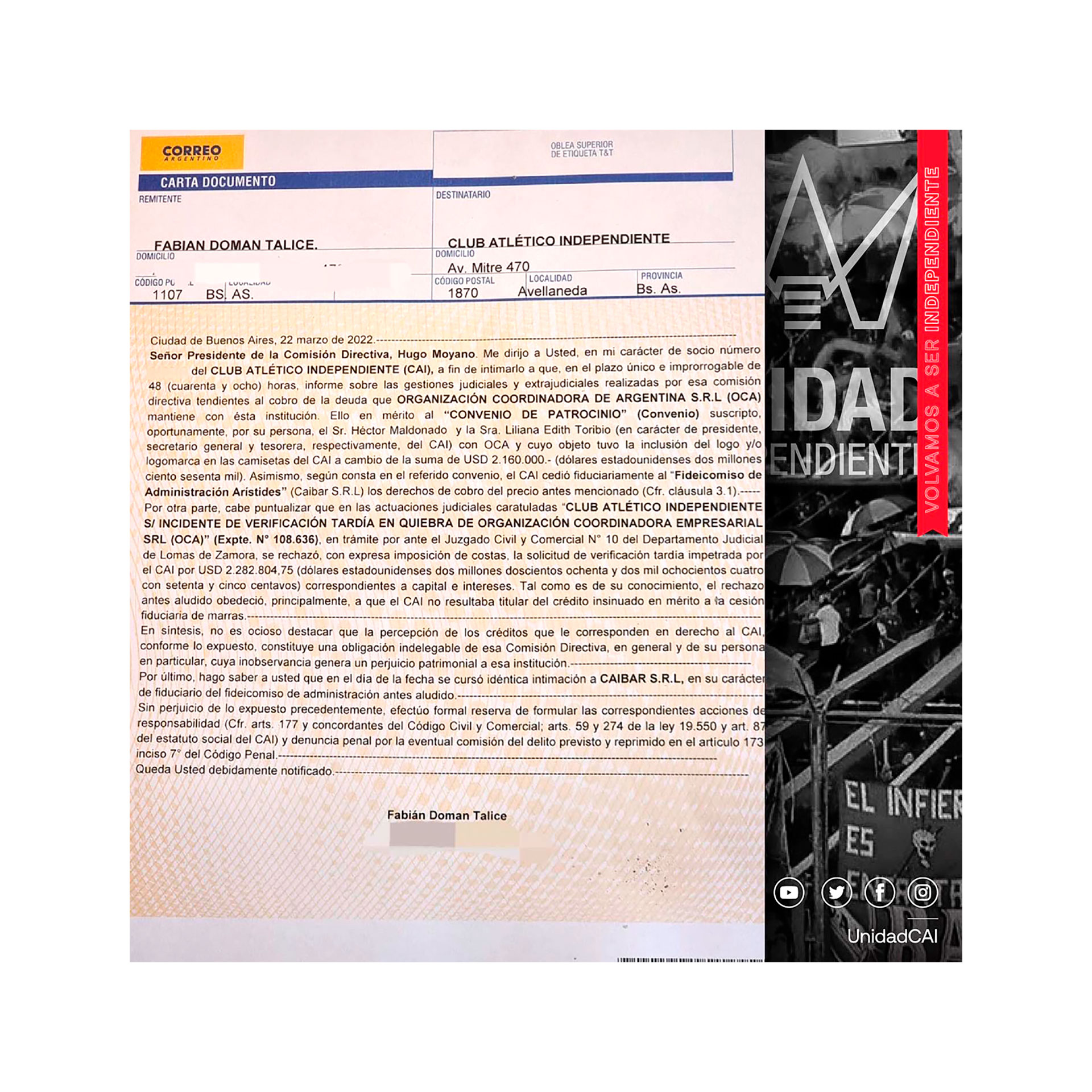 La carta documento que envió Doman