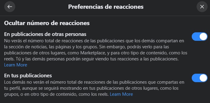 Preferencia de reacciones en Facebook. (Captura)