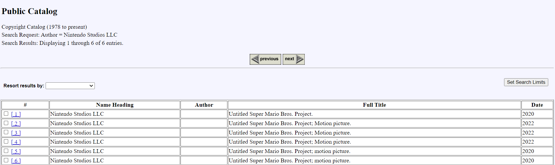 Nintendo Studios Copyright Catalog