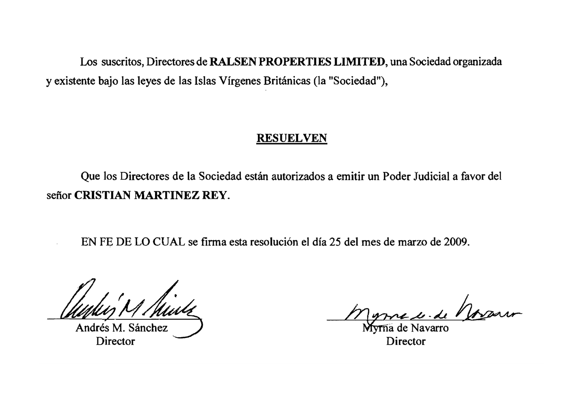 Poder de Ralsen en favor del abogado argentino al que recurrió Zulemita para cobrar la supuesta deuda de su tío