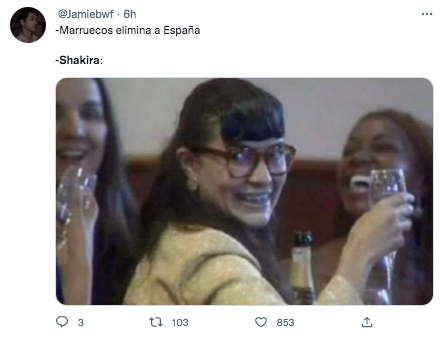 Shakira se convierte en la protagonista de los memes tras la derrota de España contra Marruecos en la definición desde el punto penal. Tomada de Twitter.