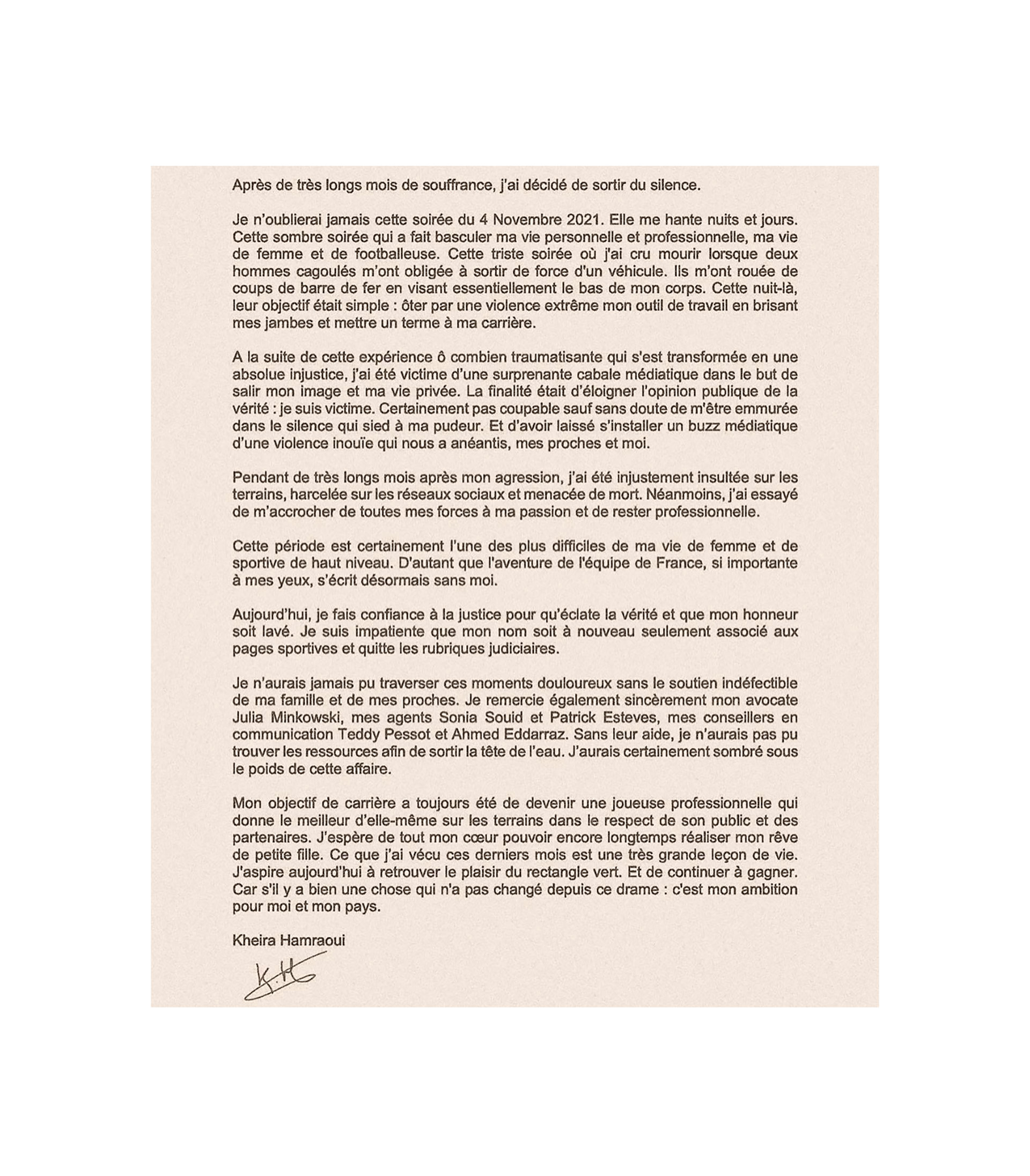 La carta que publicó Kheira Hamraoui tras conocerse la imputación de Aminata Diallo. 
