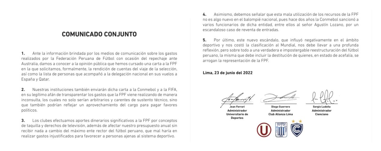 The joint statement of Alianza Lima, Universitario and Cienciano in relation to the FPF's request for accountability