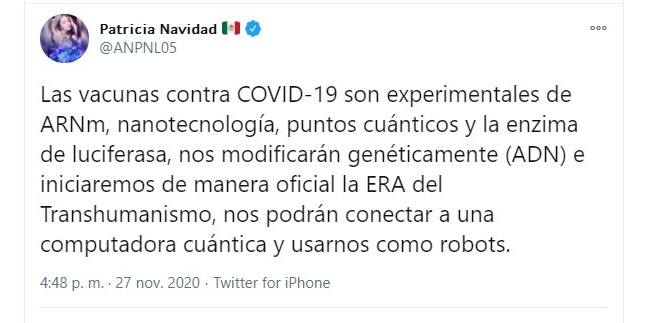 El tweet de una mexicana abonando a la teoría conspirativa de que la vacuna contra el Coronavirus va a terminar esclavizándonos.