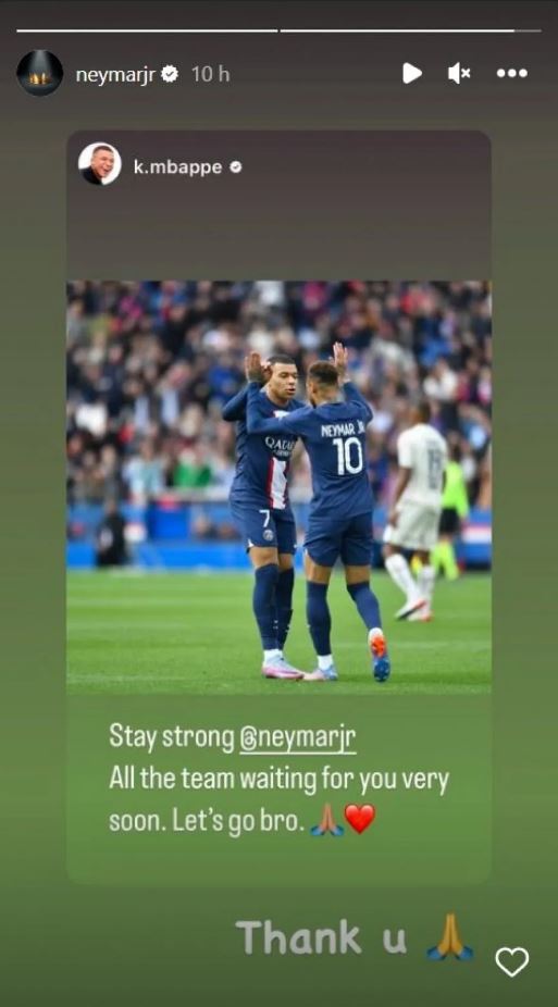 La respuesta de Neymar al mensaje de apoyo de Mbappé por su lesión (Instagram)