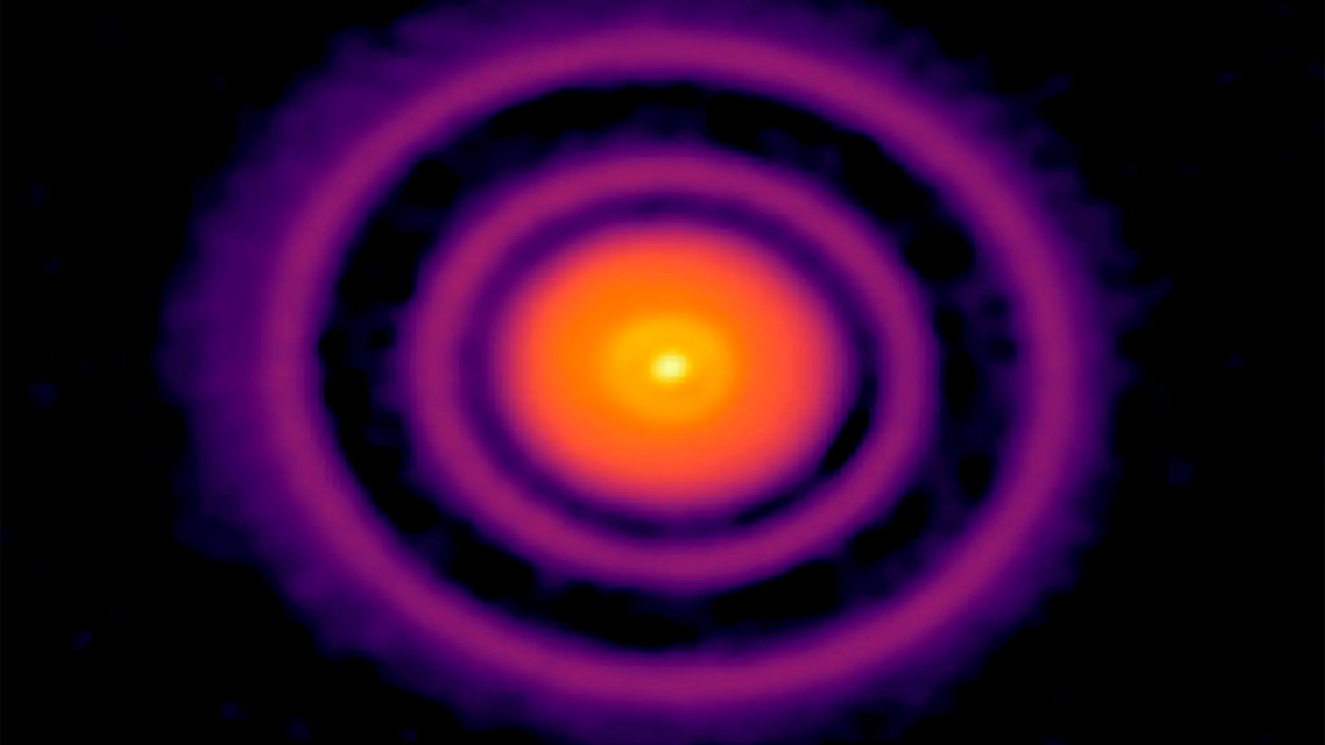 An image obtained with data from the ALMA telescope in Chile of AS 209, a star that is only 1.5 million years old.  (Credit ALMA ESO/NAOJ/NRAO. A. Sierra (U. Chile) - nytimes