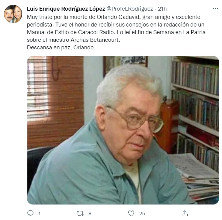 Trino del periodissta Luis Enrique Rodríguez luego al concer el fallecimiento de Orlando Cadavid. FOTO: Twitter.