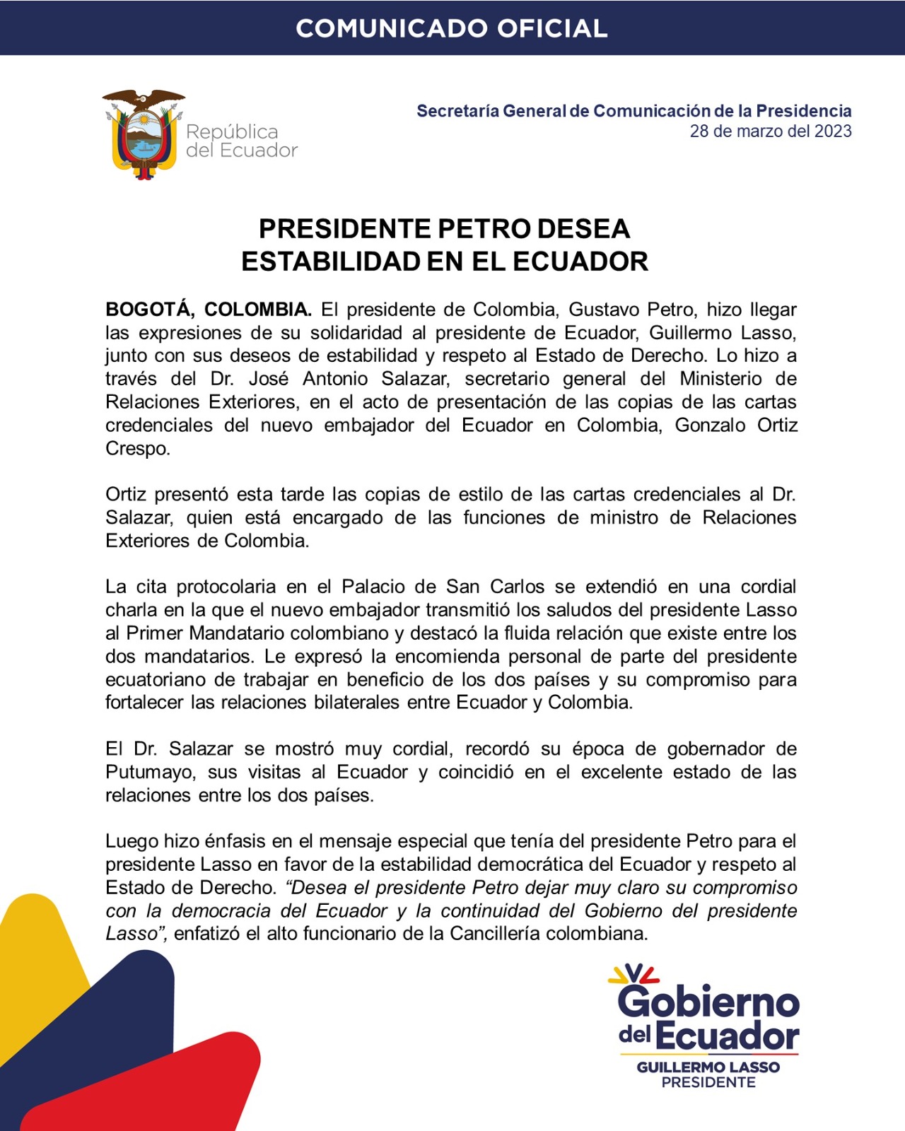 La Presidencia de Ecuador comunicó sobre los deseos del presidente colombiano a su par ecuatoriano