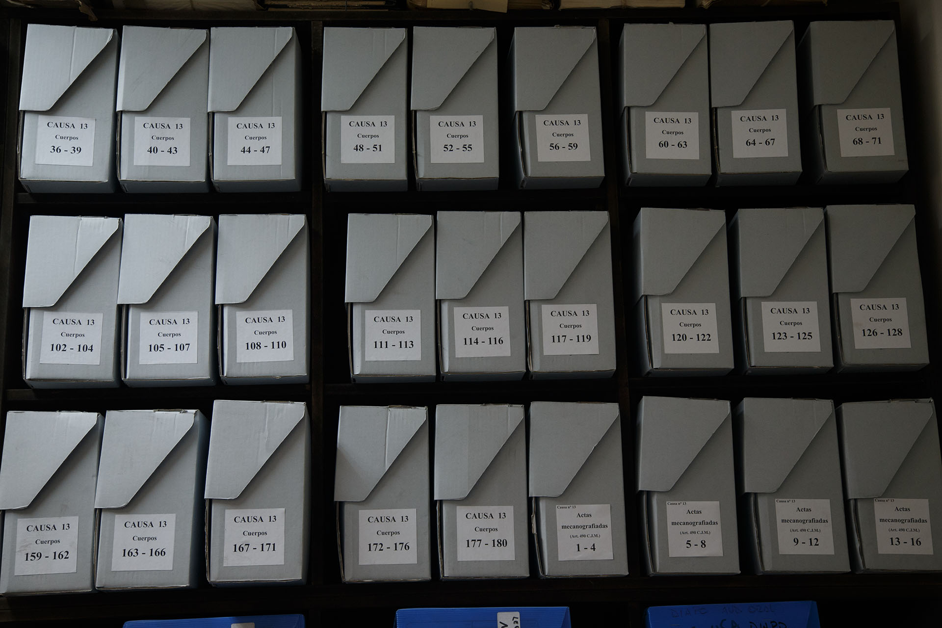 Estantes de madera hechos a medida: tienen la profundidad que permite guardar dos filas de tres cajas cada una