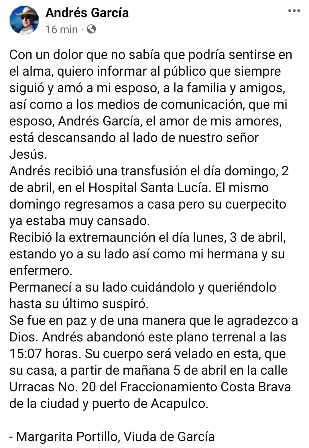 Comunicado de la viuda de Andrés García (foto: Facebook/andresgarcia.tv)