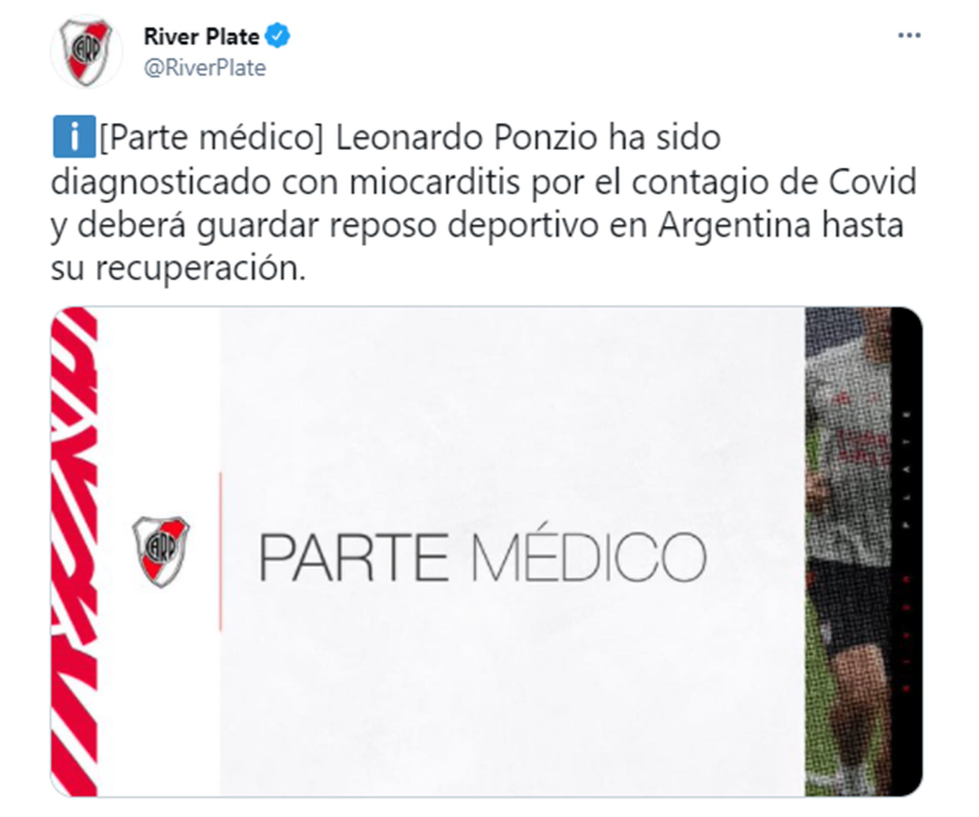 El parte médico oficial de River sobre Leonardo Ponzio