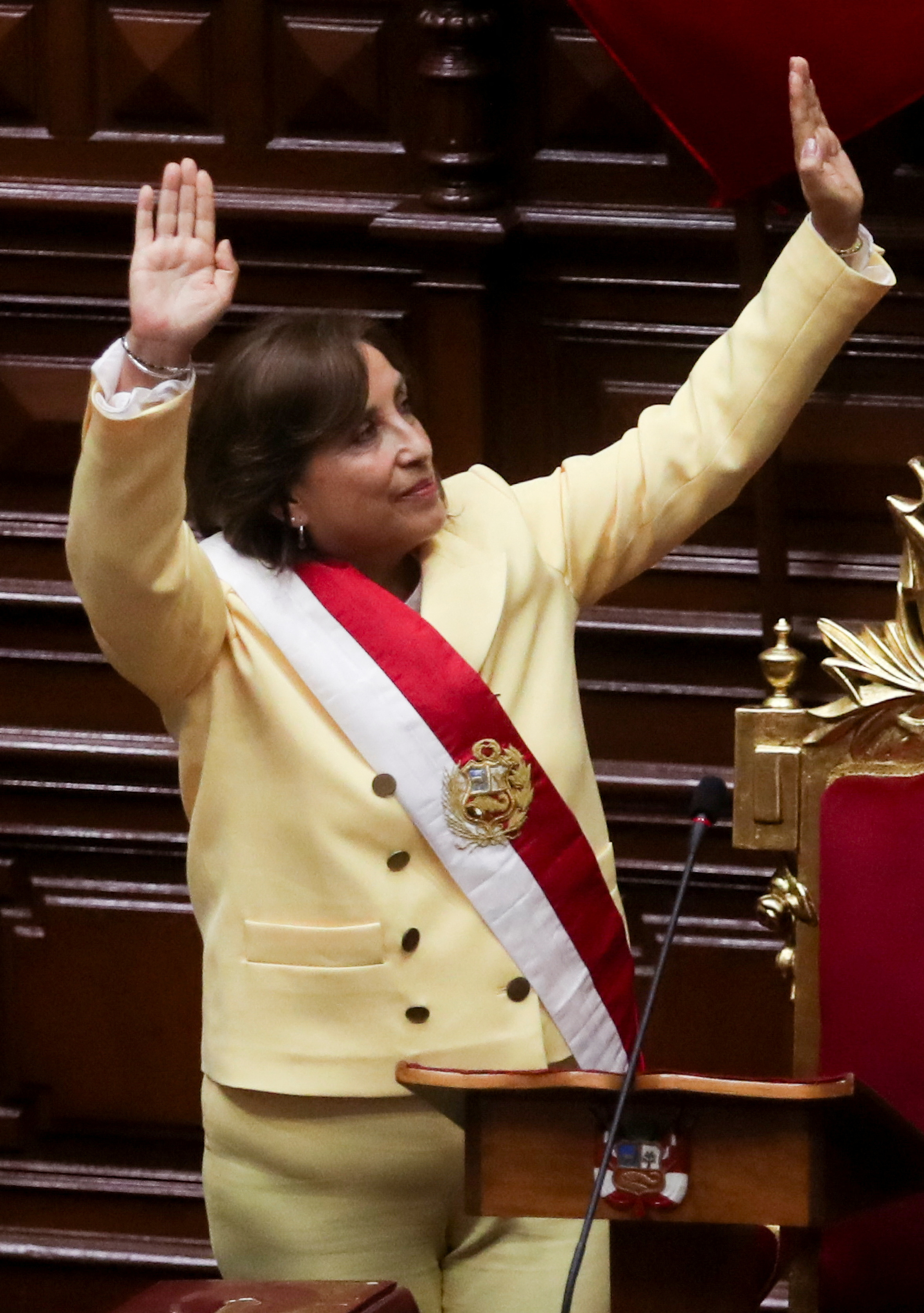 Peru's Vice President Dina Boluarte, who was called on by Congress to take the office of president after the legislature approved the removal of President Pedro Castillo in an impeachment trial, attends her swearing-in ceremony in Lima, Peru December 7, 2022. REUTERS/Sebastian Castaneda