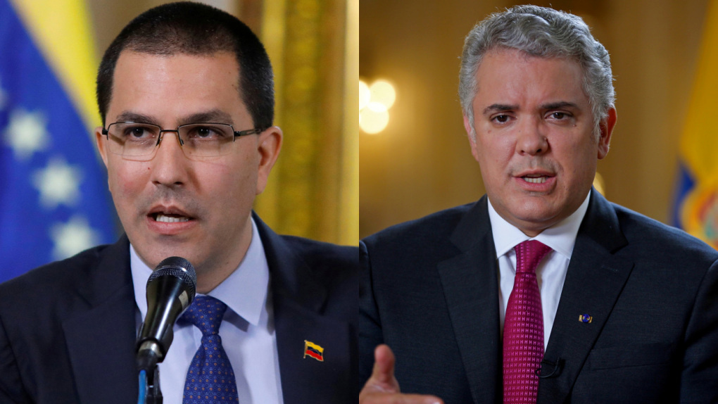 El canciller del régimen venezolano Jorge Arreaza (i) y el presidente de Colombia (d)
