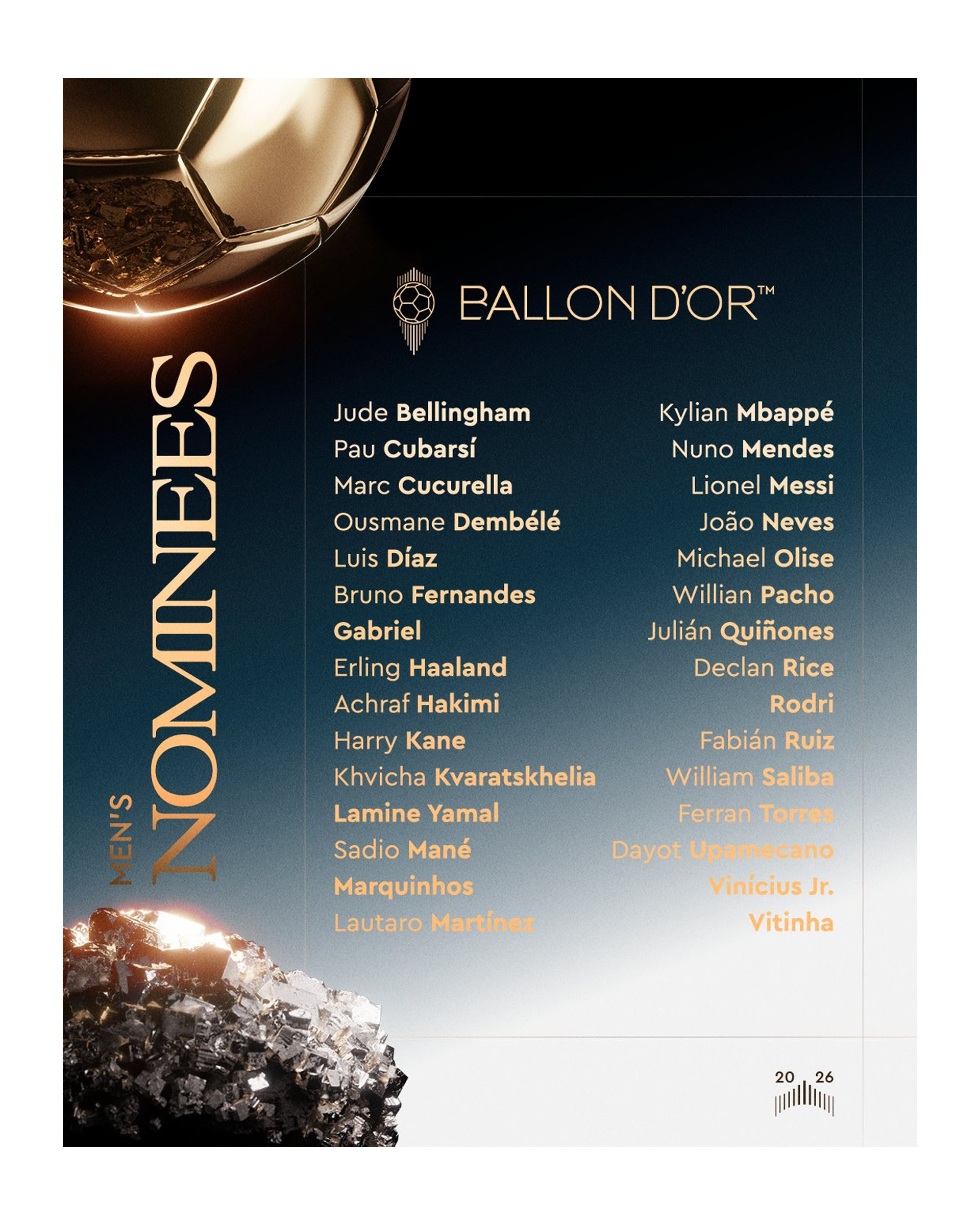 Dieron a conocer a los 30 nominados para el Bal&oacute;n de Oro 2026: la lista de todos los candidatos