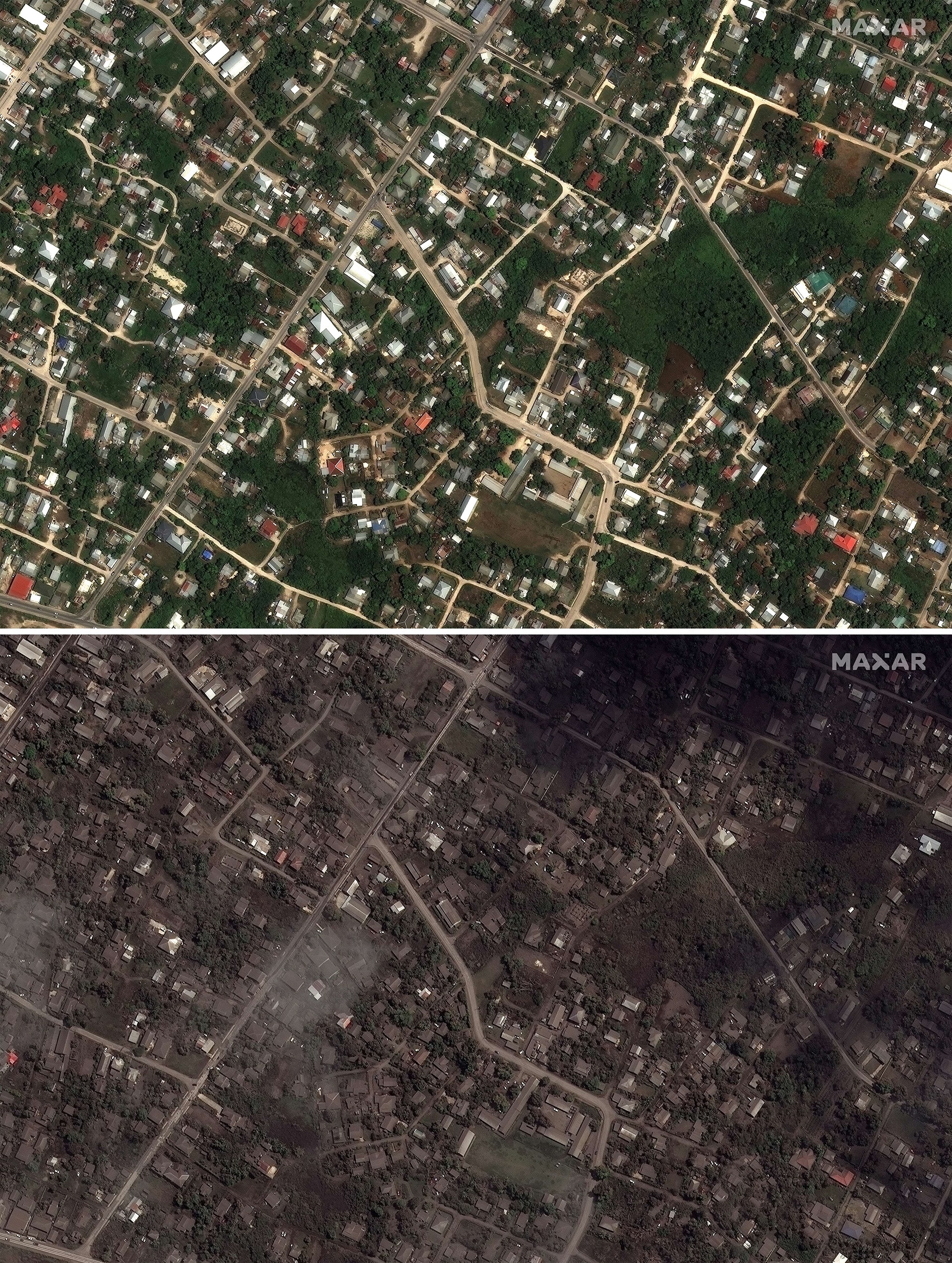 Comparación de imágenes satelitales antes y después de la erupción del volcán (AFP)