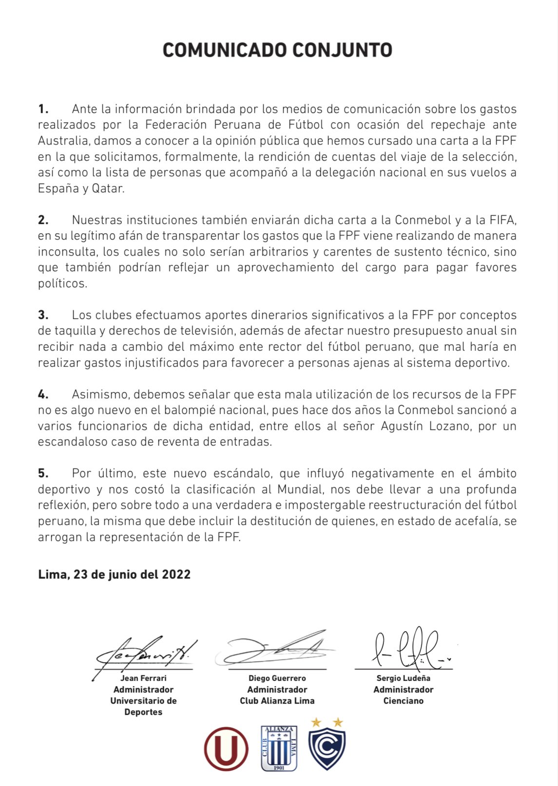 Carta de Alianza Lima, Universitario y Cienciano para la FPF.