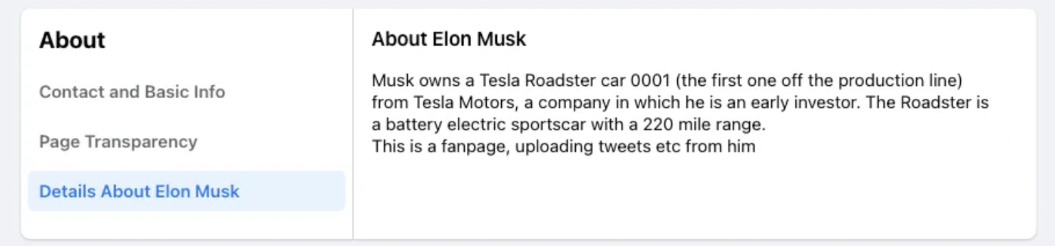 Descripcin de la Fan Page de Elon Musk en Facebook. (captura: The Verge)