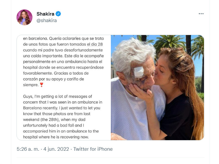 Shakira explica la caída de su padre en Twitter