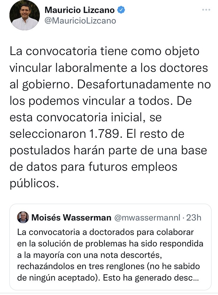 Tuits de Mauricio Lizcano y Moisés Wasserman.