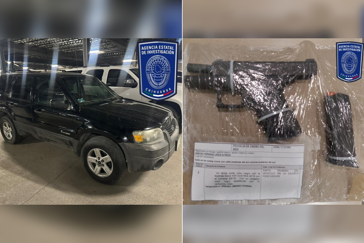 Armas de fuego, un vehículo y dosis de droga fueron los objetos asegurados tras la captura de 'El Cubano' (Foto: Fiscalía de Chihuahua)