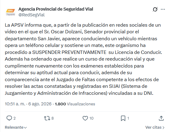 Le suspendieron la licencia al legislador de Santa Fe que subi&oacute; un video manejando con el celular y tomando mate