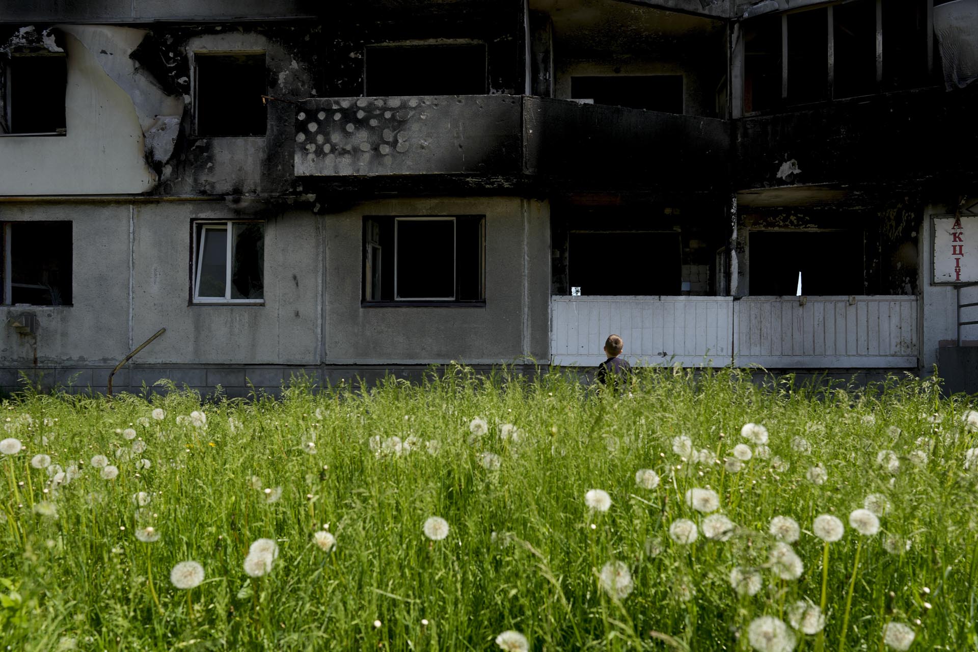 Un chico mira hacia arriba ante un edificio dañado por un ataque del ejército ruso en Borodyanka, a las afueras de Kiev, Ucrania, el martes 31 de mayo de 2022. 