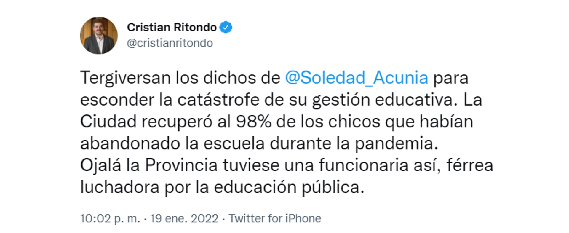 Cristian Ritondo acusó al oficialismo de tergiversar las declaraciones de Soledad Acuña sobre la deserción escolar. 