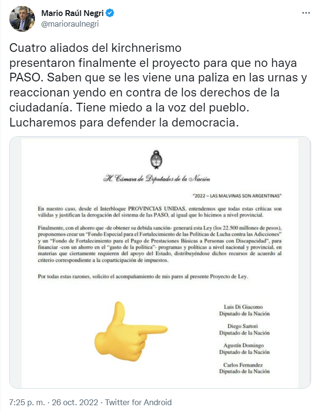 Para Negri, el proyecto fue presentado porque "se les viene una paliza en las urnas" (Twitter)