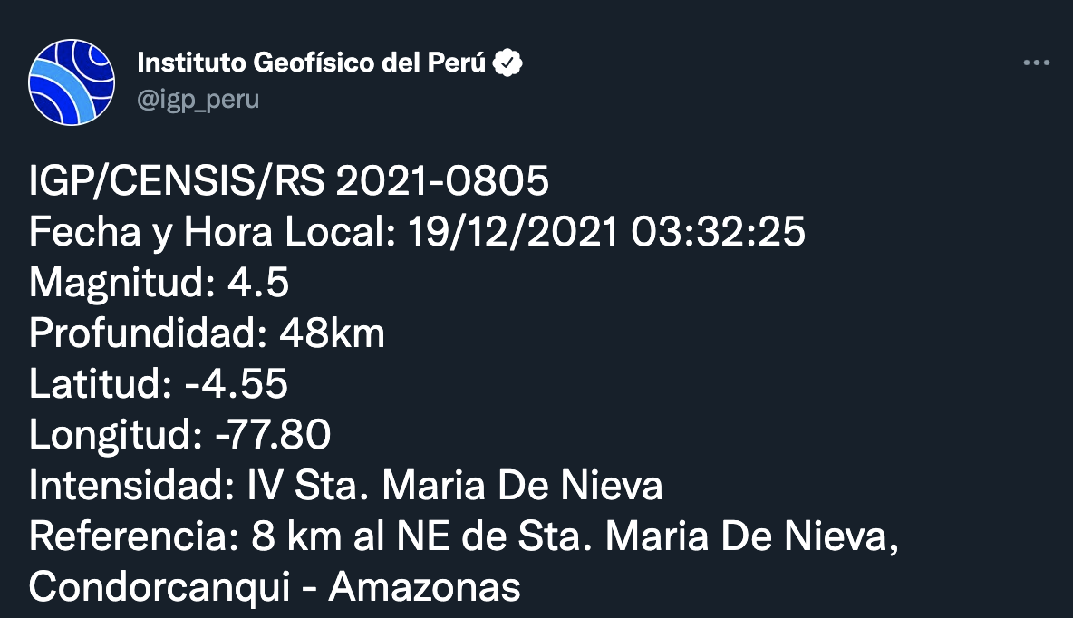 Amazonas: Temblor de magnitud 4.5 se registró esta madrugada, según el IGP