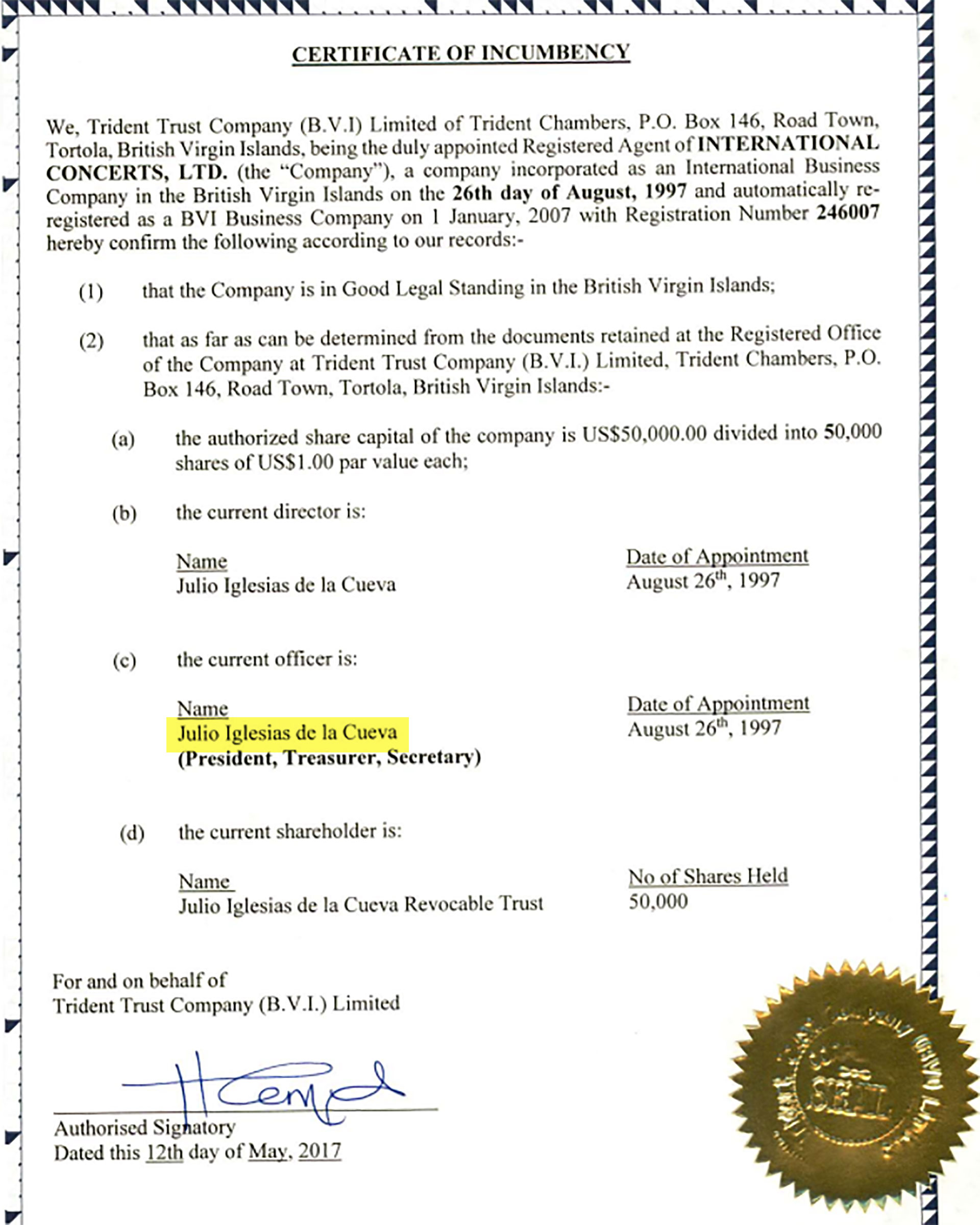El certificado de una de las offshore de Julio Iglesias, International Concerts Ltd, creada en las Islas Vírgenes Británicas