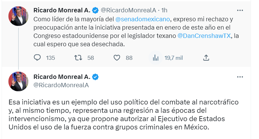 Ricardo Monreal rechazó iniciativa de legislador texano (Twitter)