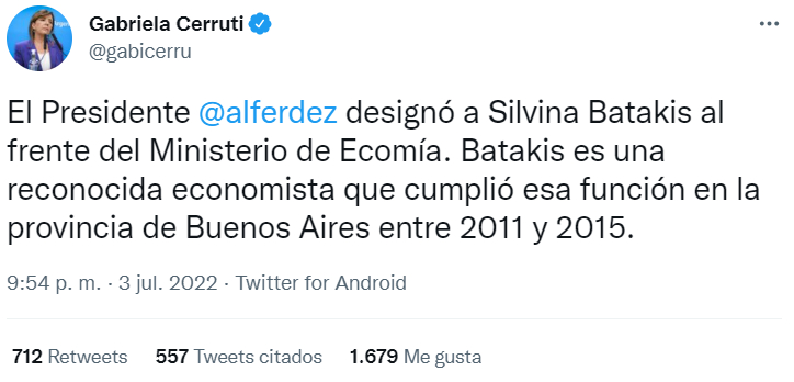 El mensaje de Gabriela Cerruti confirmando a Silvina Batakis en el Ministerio de Economía