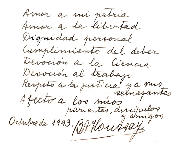 El llamado "credo Houssay", escrito de su puño y letra en 1943. (Gentileza Archivo Houssay de la Casa Museo B. Houssay-FECIC)
