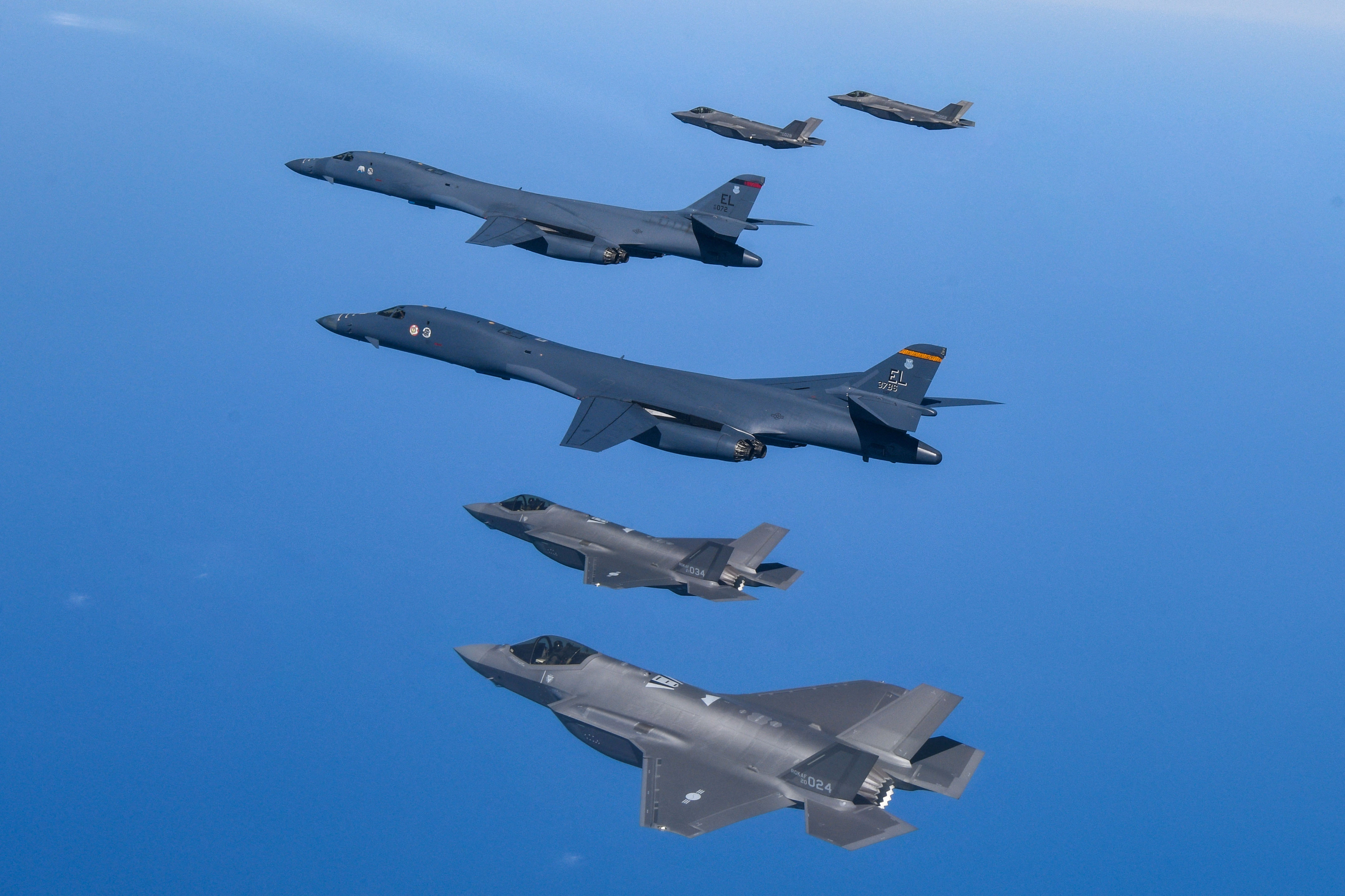 US Air Force B-1B bombers, F-16 fighter jets and South Korean Air Force F-35A take part in a joint air drill, South Korea, March 19, 2023.  South Korean Defence Ministry/Handout via REUTERS   ATTENTION EDITORS - THIS IMAGE HAS BEEN SUPPLIED BY A THIRD PARTY.