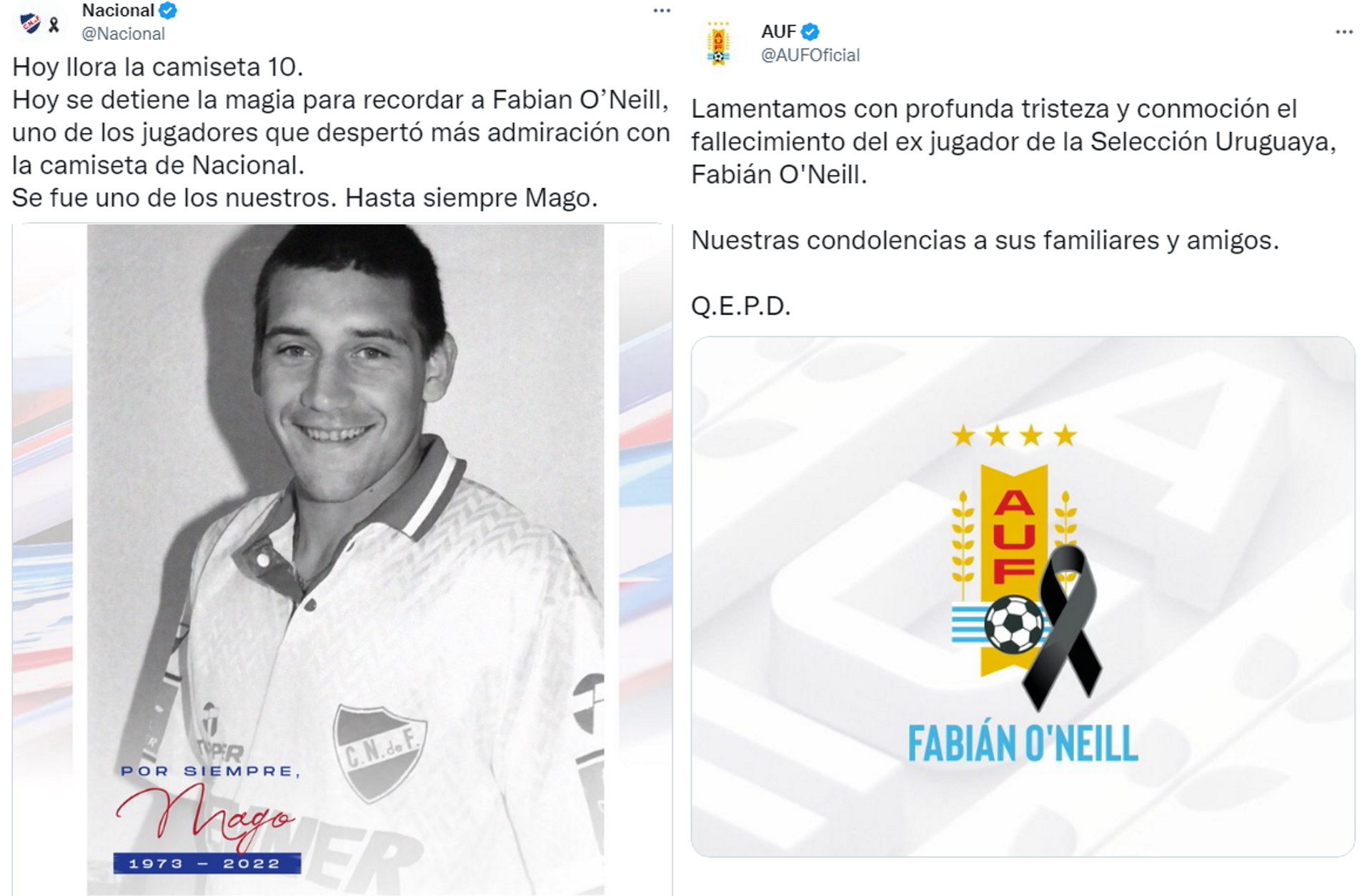 Las condolencias de Nacional y de la Asociación Uruguaya de Fútbol por la muerte de Fabián O’Neill