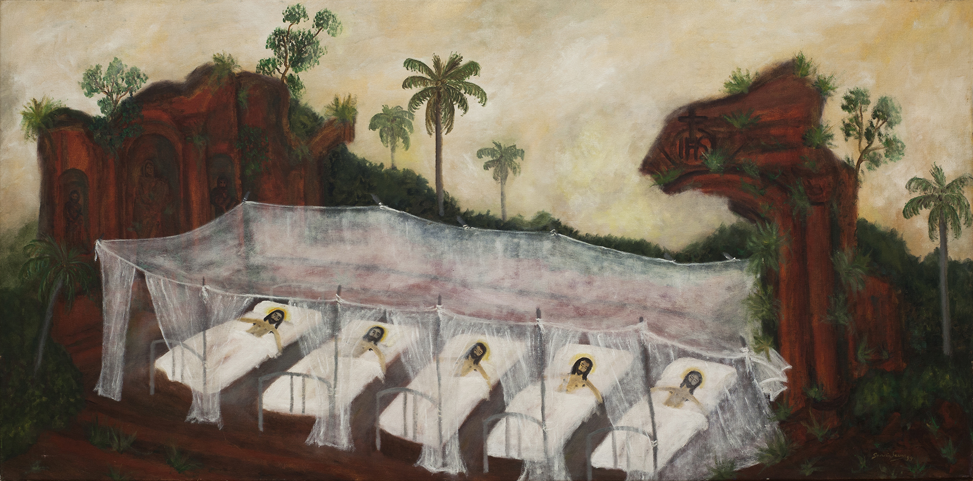 "Cristos enfermos en la ruinas jesuíticas" (1994), de la serie Cristo en los enfermos. Óleo sobre tela -77 x 156 cm- (Fotografía Ignacio Iasparra)