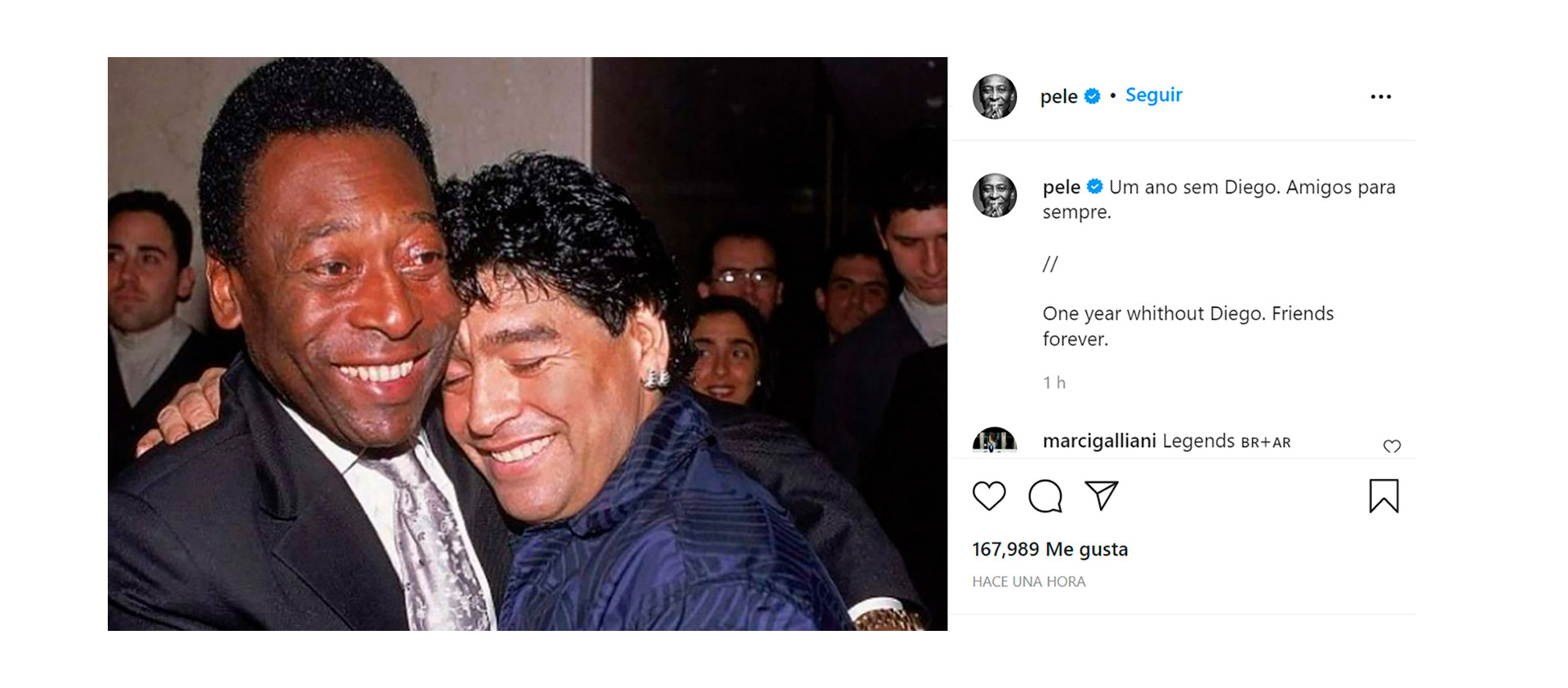 El último posteo de Pelé en Instagram para recordar a Diego Maradona, a un año de su muerte
