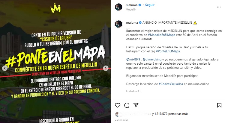 En abril Maluma dará concierto en Medellín y está en la búsqueda de un artista para que cante con él en el evento. Foto: Instagram @maluma