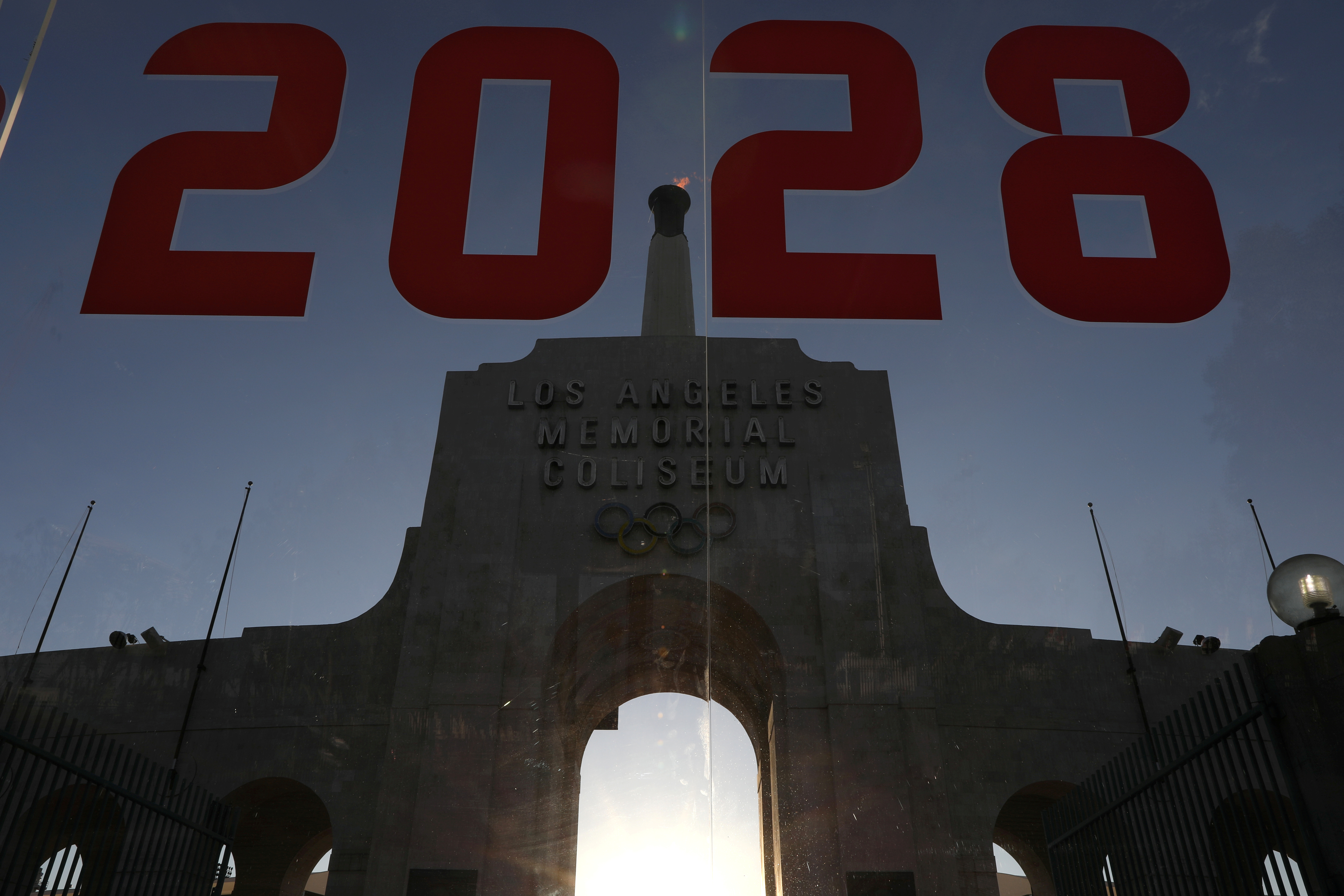 An LA2028 sign is seen at the Los Angeles Coliseum to celebrate Los Angeles being awarded the 2028 Olympic Games, in Los Angeles, California, U.S. REUTERS/Lucy Nicholson/File Photo