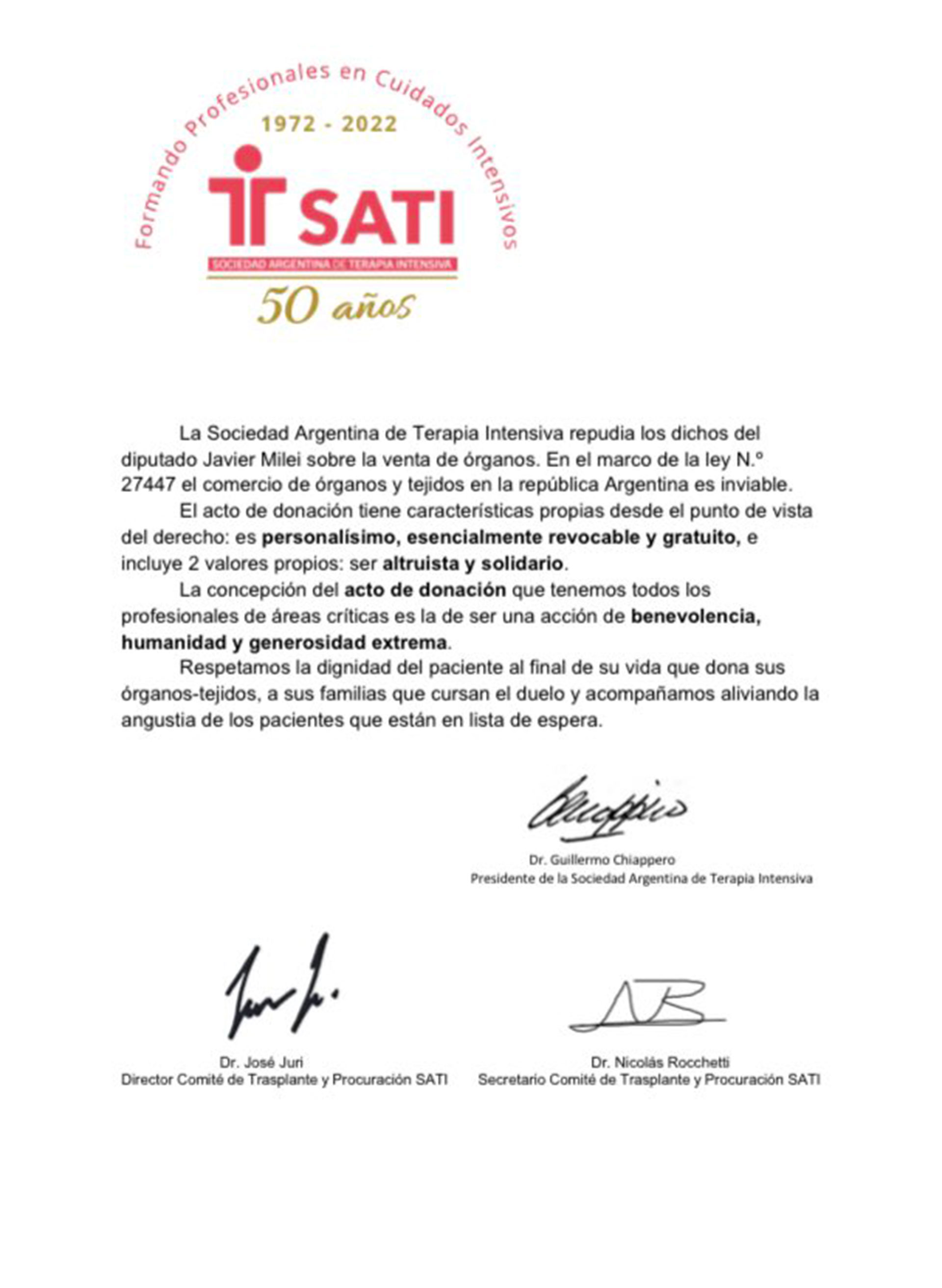 Comunicado de la Sociedad Argentina de Terapia Intensiva (SATI) en repudio al apoyo de Javier Milei a la venta de órganos en el país.